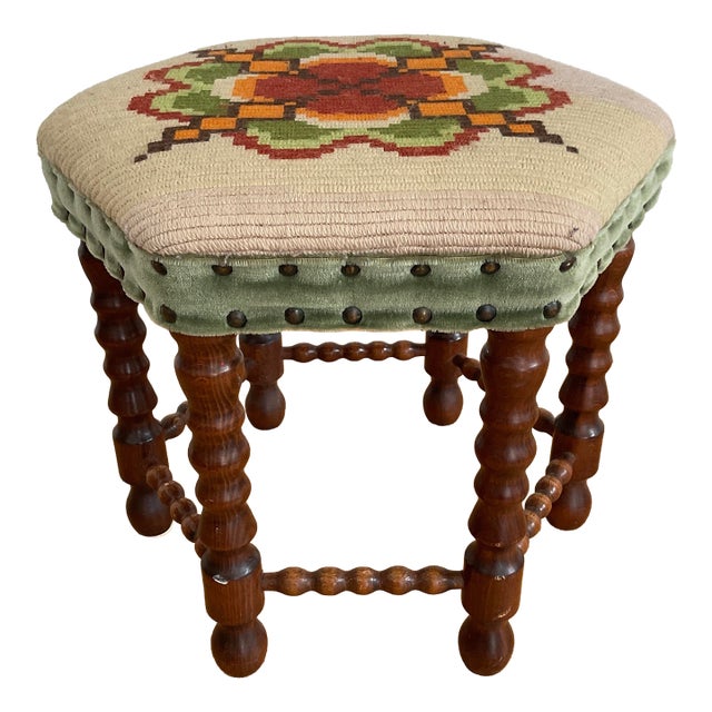 Vintage Mid-Century Oak Footstool With Geometric Needlepoint Tapestry For Sale
