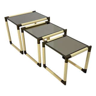 Enameled Metal and Brass Coffee Tables in the style of Tommaso Barbi, 1970, Set of 3 For Sale