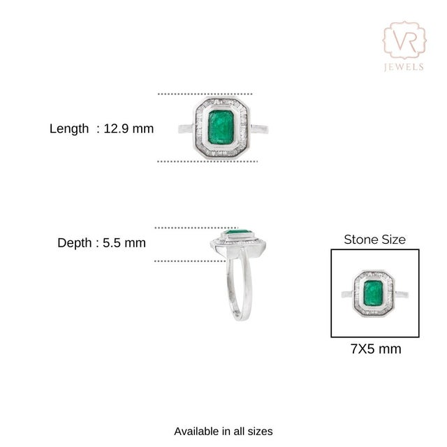 VRJewels Emerald Cut Emerald & Baguette Diamond Halo Ring Size 5.5 in 14k White Gold For Sale - Image 9 of 14