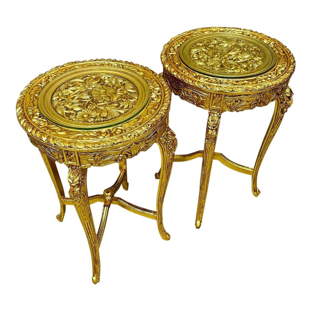 French Style Golden Side Table Set of 2 – Glass Top With Gold Leaf Details For Sale