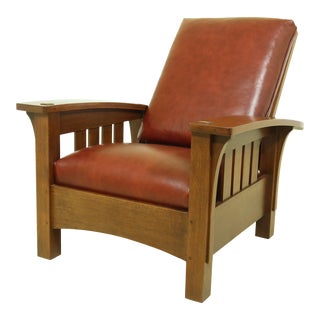 Stickley Bow Arm Mission Oak Leather Morris Chair For Sale