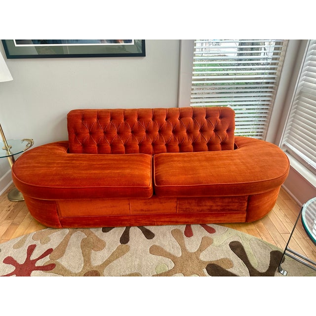 1970s Large Mid Century Orange Velour Tufted Armless Sofa For Sale - Image 9 of 9