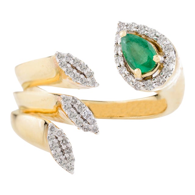 Pear Shape Emerald & Halo Diamond Open Wrap Ring Size 6.5 For Sale