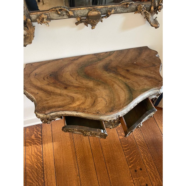 Glass Antique Louis XV Style Silver and Gold Leaf Carved Console and Mirror For Sale - Image 7 of 7