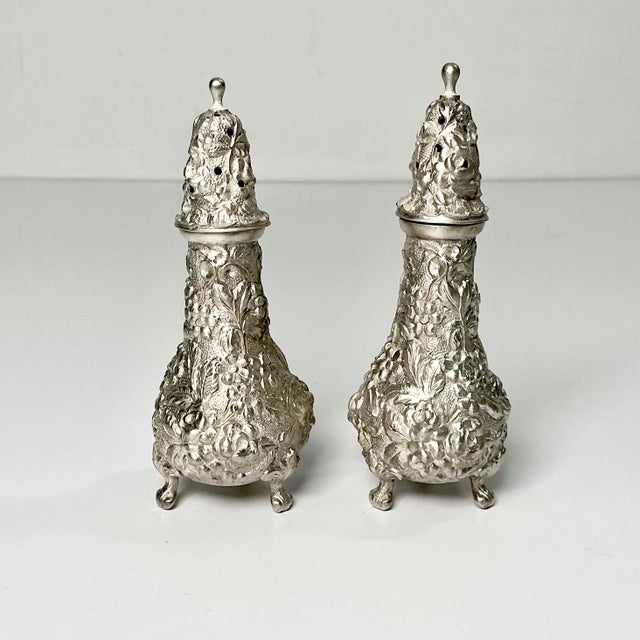 Vintage Hollywood Regency Chippendale Stieff Repousse Full Chased Sterling Footed Salt & Pepper Shakers - A Pair For Sale - Image 9 of 13