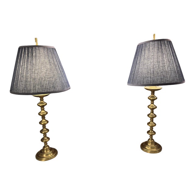 Mid 20th Century Leviton Brass Spindle Lamps With Navy Shades - a Pair For Sale