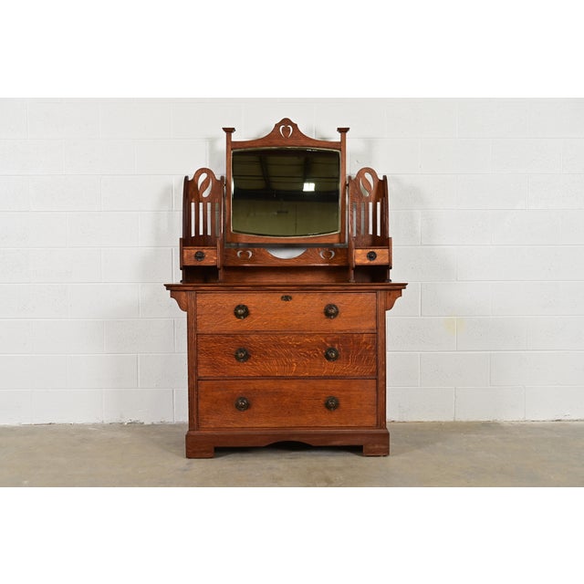 Liberty & Co. Antique English Mission Oak Arts & Crafts Vanity Dresser With Mirror, Circa 1900 For Sale - Image 15 of 15