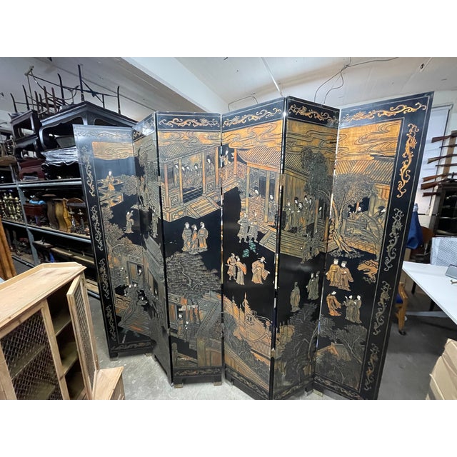 Vintage Six-Paneled Double-Sided Japanese Room Divider Screen For Sale - Image 12 of 18