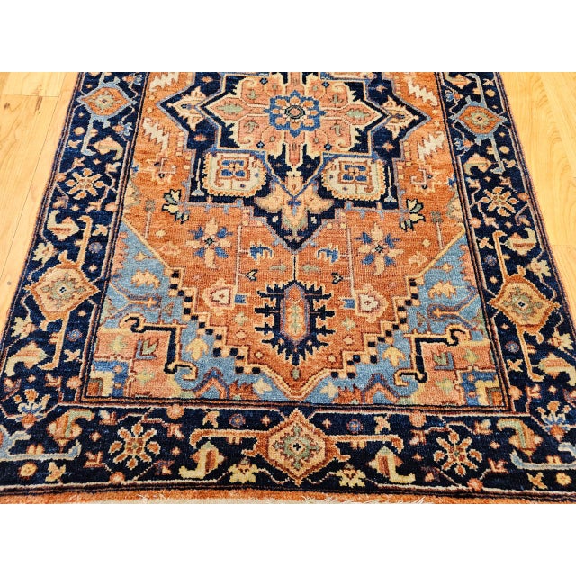 Antique Persian Heriz Serapi Rug, Hand-Knotted Wool, Geometric Pattern, Brick-Red & Blue, 3x3 For Sale In Chicago - Image 6 of 13