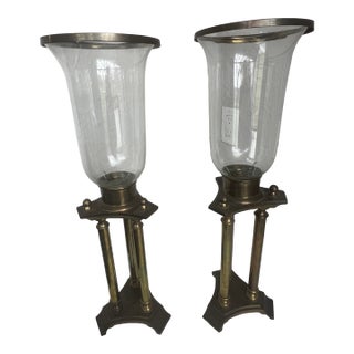 Vintage Brass Hurricane Candle Holders Pair Architectural Glass Lanterns For Sale