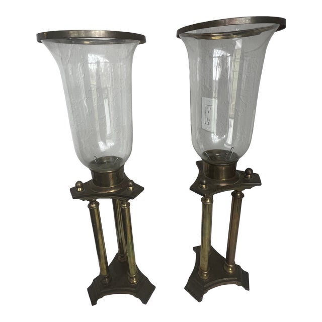 Vintage Brass Hurricane Candle Holders Pair Architectural Glass Lanterns For Sale