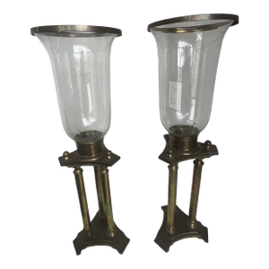 Vintage Brass Hurricane Candle Holders Pair Architectural Glass Lanterns