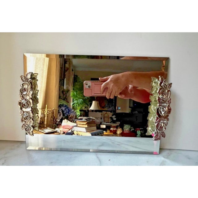 1970s Vintage Vanity Tray Features a Beveled Mirror Surface With Detailed Floral Rose Trim on the Handles For Sale - Image 5 of 14