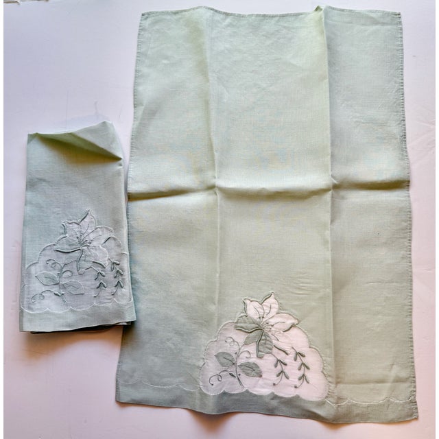 Pair Vintage Pale Pistachio Madeira Linen & Organza Fingertip Towels For Sale - Image 17 of 17