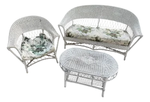 Antique White Wicker Loveseat, Side Chair, and Coffee Table With Quilted Upholstery, 3 Pieces