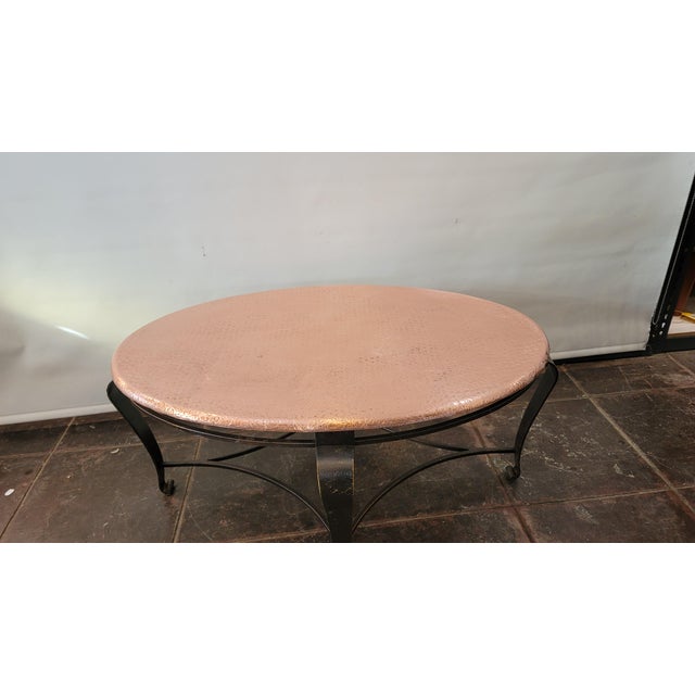 2000 - 2009 Hand Hammered Copper Coffee Table With Wrought Iron Base For Sale - Image 5 of 6