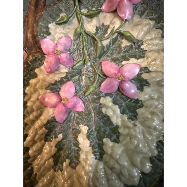 19th Century Majolica Leaf Wall Pocket – Pink Blossoms & Branch Handles – Relief Molded Continental Pottery, George Jones Style For Sale - Image 4 of 16