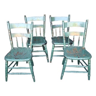 4 Antique Vintage Chair Wood Chippy Shabby Crackled Green Farmhouse Rustic For Sale