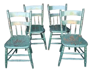 4 Antique Vintage Chair Wood Chippy Shabby Crackled Green Farmhouse Rustic