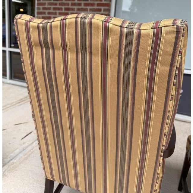 Pair of Ethan Allen High Back Arm Chairs With Striped Upholstery For Sale - Image 16 of 16
