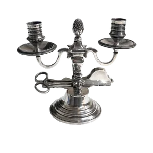 18th Century XVIII Century Silver Candle Holder with Snuffer Scissors Wick Trimmer