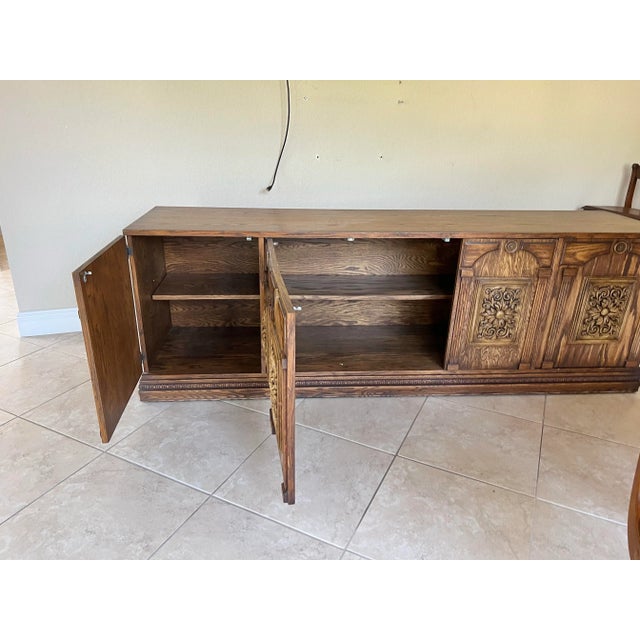 Mid Century Mediterranean Revival Carved Wood Large Sideboard, Credenza, or Bar Cabinet For Sale - Image 4 of 6