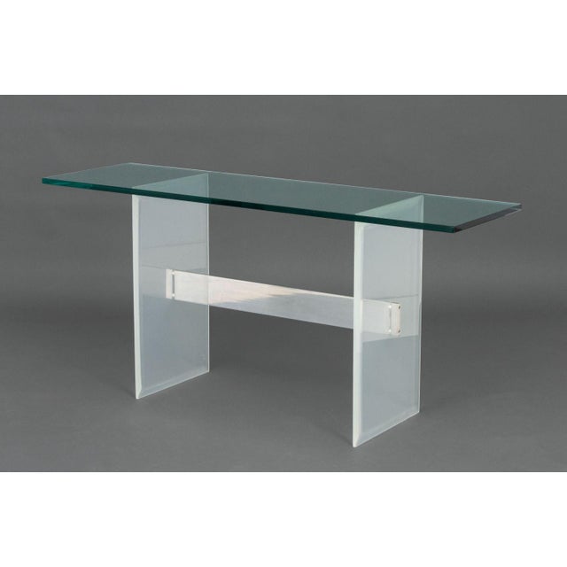 Late 20th Century Modern Glass Top Console Table With Lucite and Steel Base For Sale - Image 5 of 9