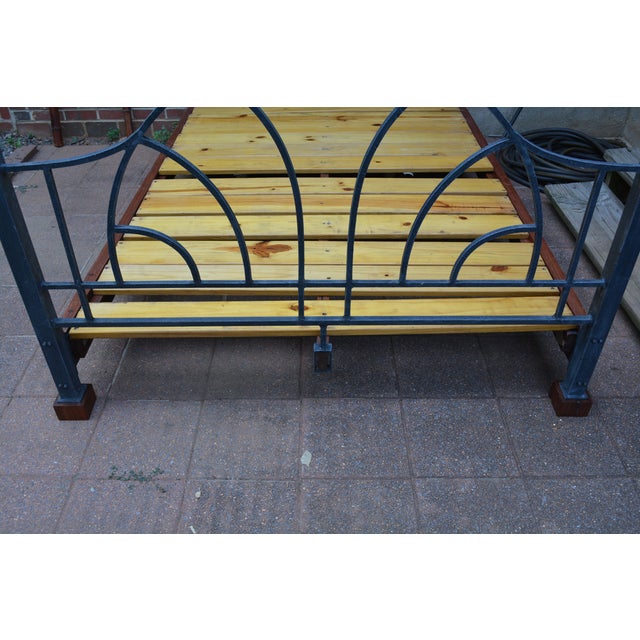 African Gray Iron / Steel & Rhodesian Teak Full Size Canopy Bed W/ Slats & Side Curtain Rings For Sale - Image 3 of 12