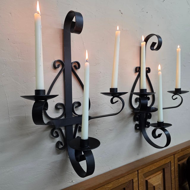 Metal 1960 Spanish Revival Three-Arm Wrought Iron Candle Sconces, Pair For Sale - Image 7 of 14