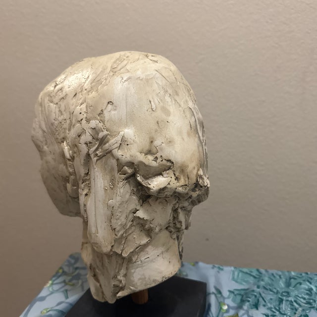 Early 20th Century Hand-Sculpted Figurative Plaster Bust on Wooden Base For Sale - Image 4 of 12