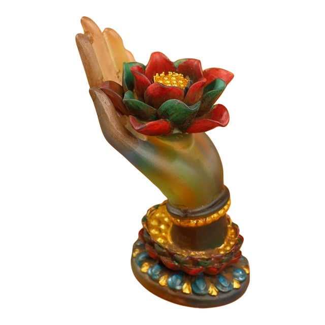 Vintage Liuli Glass Buddha's Hand Holding Lotus Statue Altar Decor 4.7" For Sale