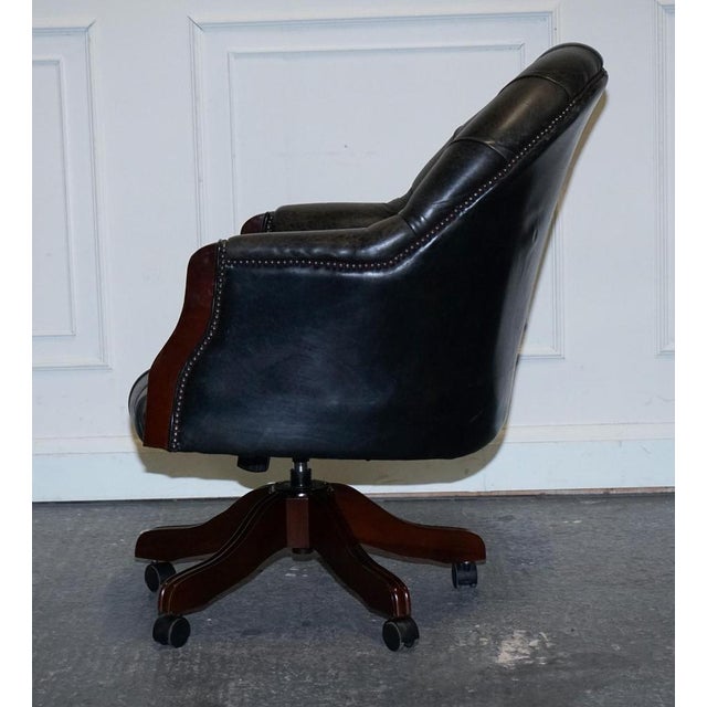 Vintage Chesterfield Dark Aged Grey Leather Directors Swifel Captains Chair For Sale - Image 5 of 16