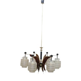 Mid-Century Italian Glass Bowls, Wood, Brass and Black Lacquered Metal Chandelier, 1950s For Sale