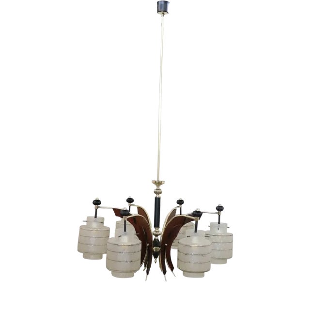 Mid-Century Italian Glass Bowls, Wood, Brass and Black Lacquered Metal Chandelier, 1950s For Sale
