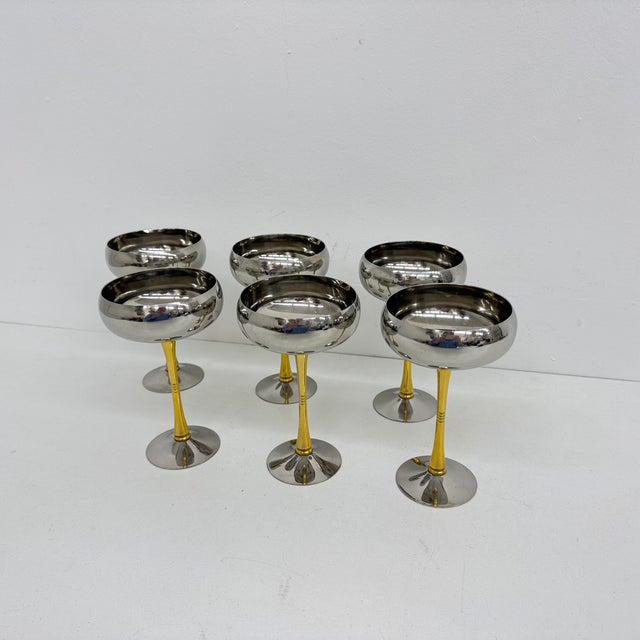 Mid-Century Italian Stainless Steel and Brass Champagne Coupes, 1970s, Set of 6 For Sale - Image 13 of 14