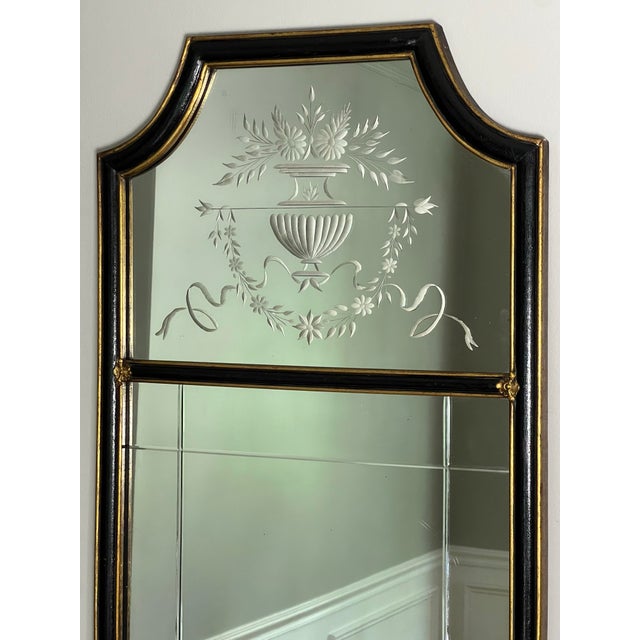 Queen Anne Queen Anne Style Mirror, Etched and Beveled in Ebonized Parcel Gilt Frame, 1940s For Sale - Image 3 of 12