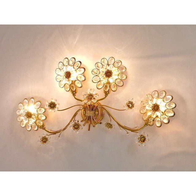 Large Gilt Brass & Crystals Flower Wall Light from Palwa, 1970s For Sale - Image 3 of 15