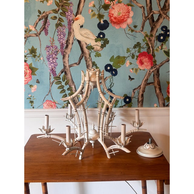 Midcentury White Faux Bamboo Pagoda Tole Chandelier For Sale In Pittsburgh - Image 6 of 12