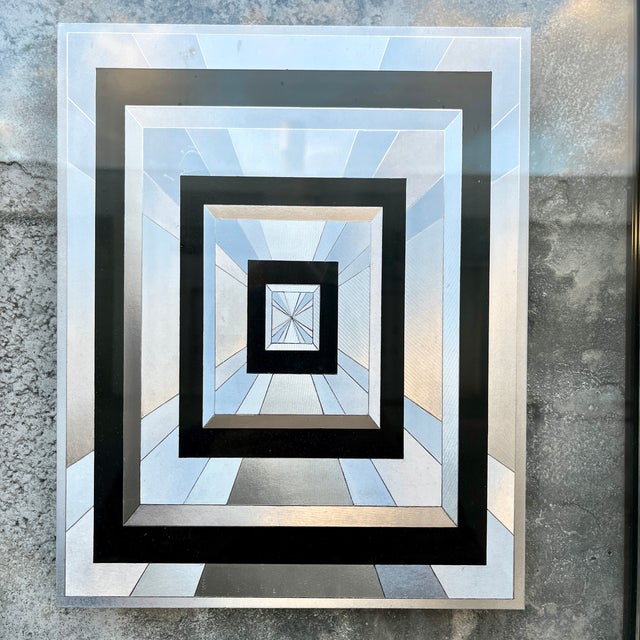 Metal Vintage 1970s Op-Art Geometric Black and Silver Foil Framed Print. For Sale - Image 7 of 15