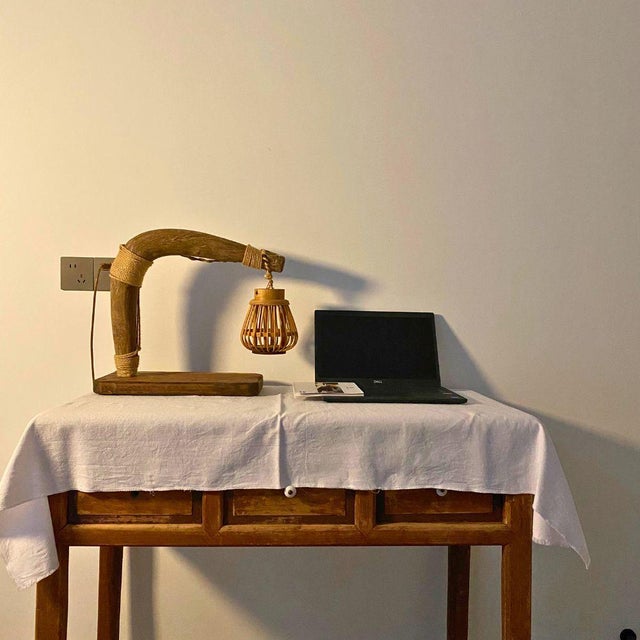 Chinoiserie Mid-Century Reclaimed Ox Yoke Table Lamp — Hand-Forged Iron & Rattan Shade For Sale - Image 3 of 11