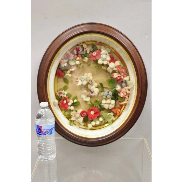 Early 20th Century Victorian Oval Mahogany Shadow Box Frame Felt Cotton Flower Mourning Wall Wreath For Sale - Image 10 of 11