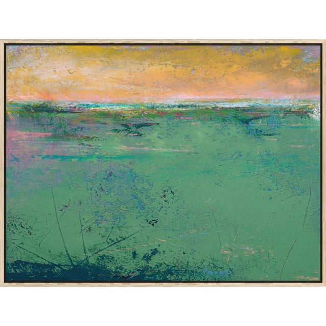 "Emerald Reverie" offers an abstract retreat. A luminous yellow sky sits above a green backdrop, accented by vibrant...