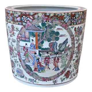 Mid 20th Century Chinese Famille Rose Porcelain Jardiniere With Hand Painted Garden Scenes For Sale