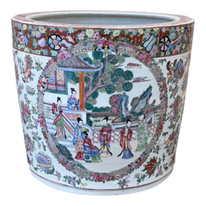 Mid 20th Century Chinese Famille Rose Porcelain Jardiniere With Hand Painted Garden Scenes