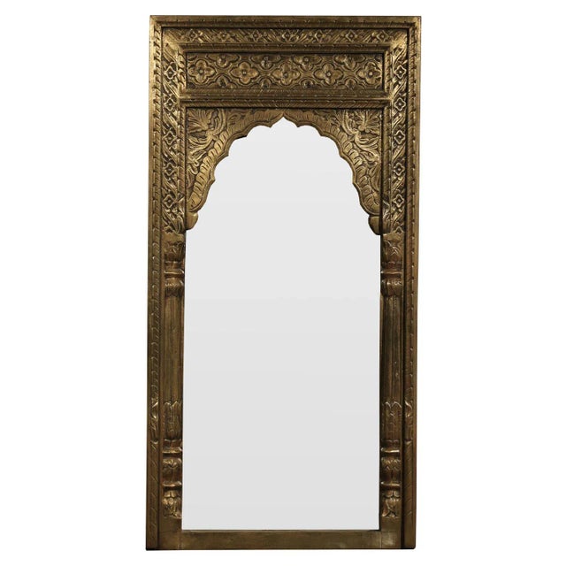 1980s Ornate Moorish Arch Mirror With Brass Foil Cladding| Hand Carved Distressed Large Mirror | Farmhouse Hotel Entryway Unique Leaning Mirror For Sale - Image 5 of 5
