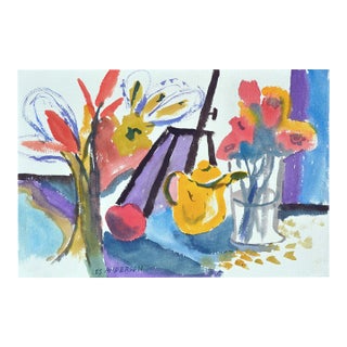 Teapot & Flowers Still-Life, Coastal Seascape Double-Sided Watercolor by Les Anderson For Sale