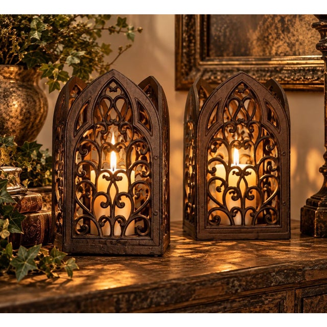 Pair of Heavy Vintage Cast Iron Gothic Cathedral Candle Holders For Sale - Image 11 of 12