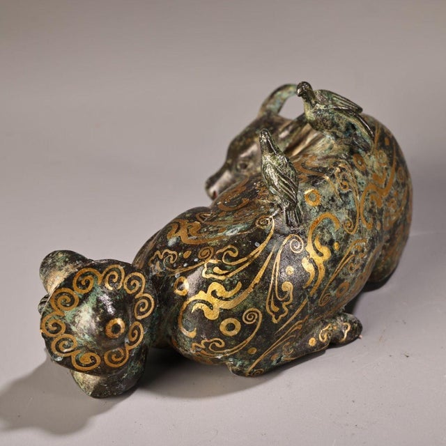 Late 19th Century Late 19th Century Gilt Bronze Ox With Herder Figurine, 1000g, Archaic Motifs For Sale - Image 5 of 9
