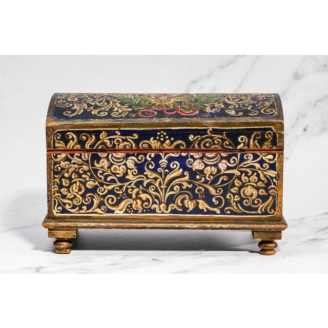 Striking Hand Painted Antique Domed Wood Casket Box With Key Madonna and Child Religious Scene For Sale - Image 16 of 18