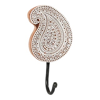 Rustic White Hand Carved Wood Wall Hook | Shabby Chic Paisley Towel Hanger | Decorative Mudroom Bag Peg | Vintage Farmhouse Bathroom Decor For Sale